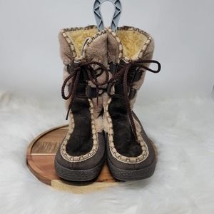 Snowland Boots Camel Leather Faux Suede Sherpa Lined Round Toe Lace Up Size 7